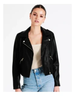 Recycled Blend Faux Leather Biker Jacket In Black