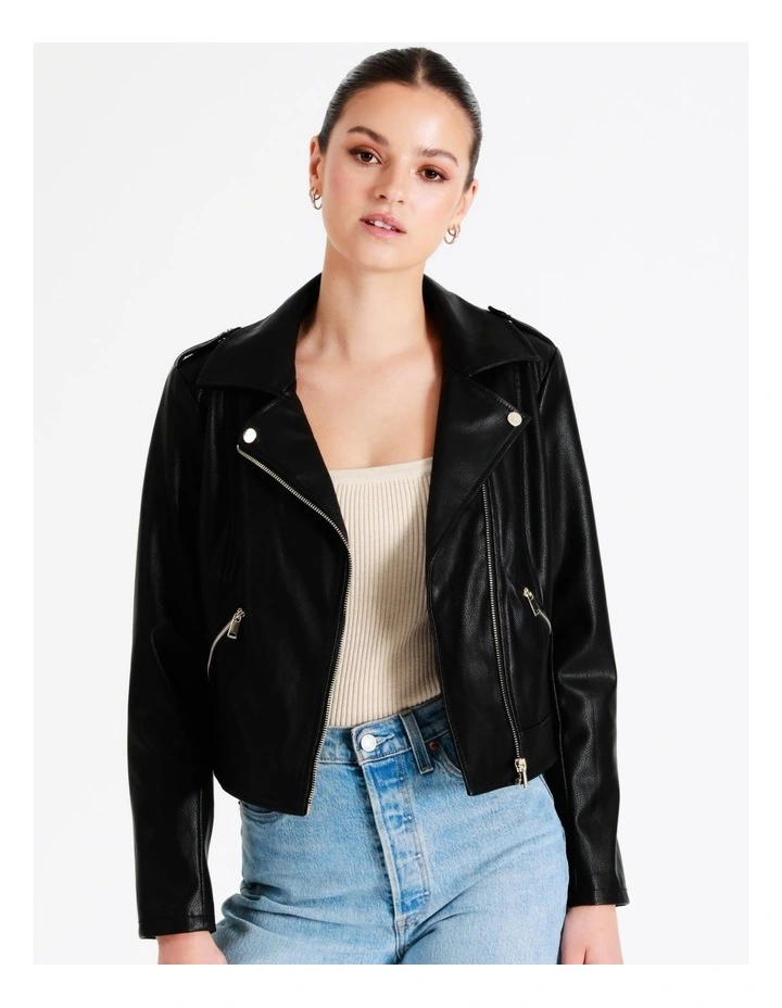 Recycled Blend Faux Leather Biker Jacket In Black
