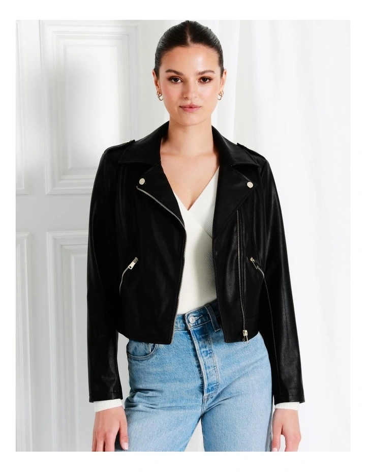 Recycled Blend Faux Leather Biker Jacket In Black - Image 3