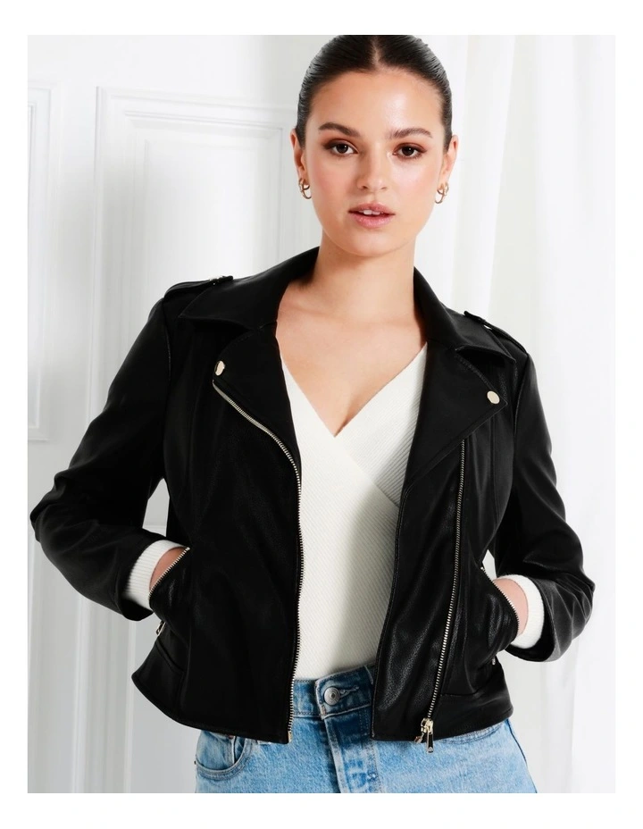 Recycled Blend Faux Leather Biker Jacket In Black - Image 4
