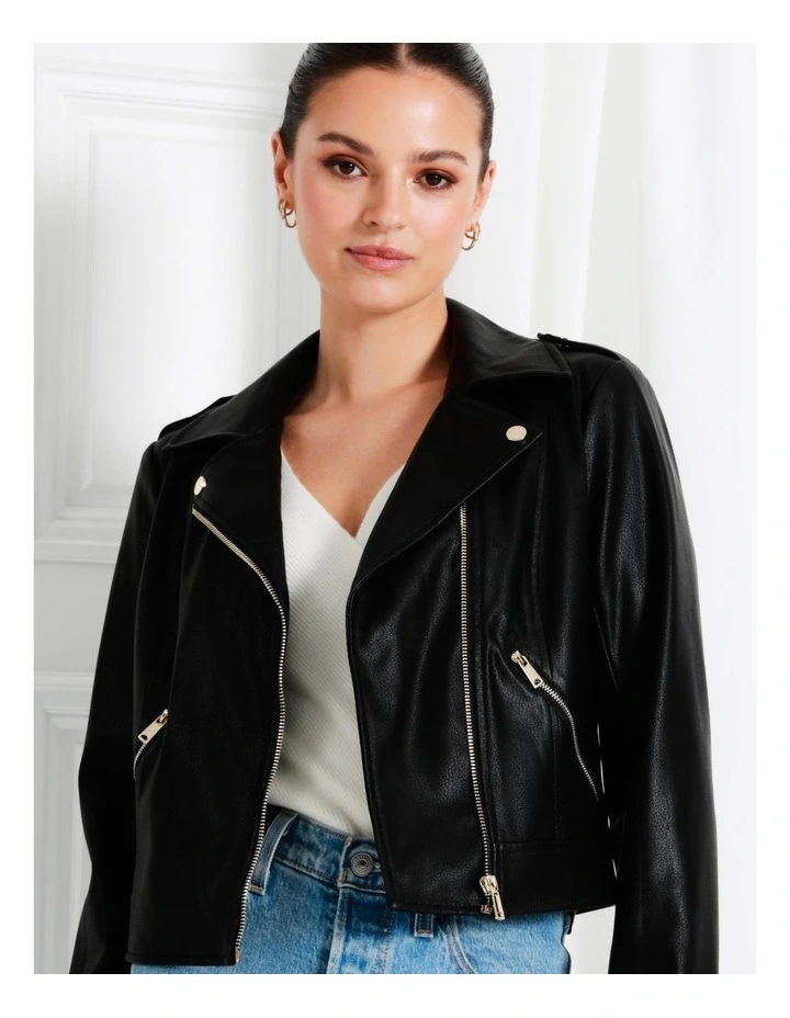 Recycled Blend Faux Leather Biker Jacket In Black - Image 5