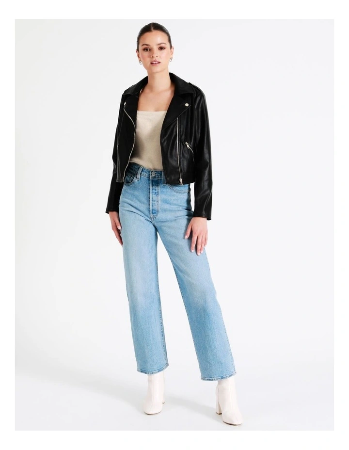 Recycled Blend Faux Leather Biker Jacket In Black - Image 7