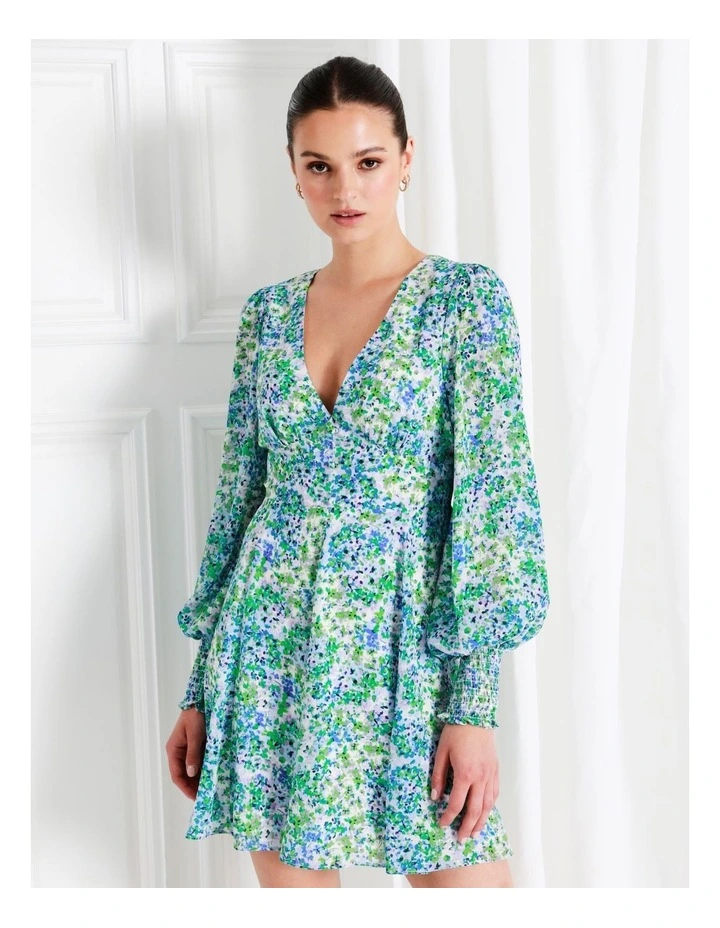 Recycled V-Neck Fit & Flare Mini Dress In Green - Image 2