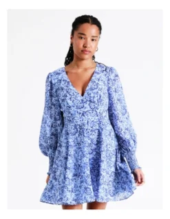Recycled V-Neck Fit & Flare Mini Dress In Blue