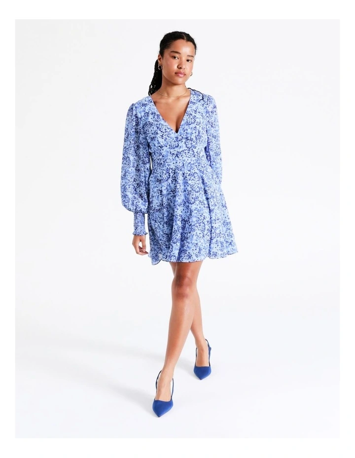 Recycled V-Neck Fit & Flare Mini Dress In Blue - Image 2