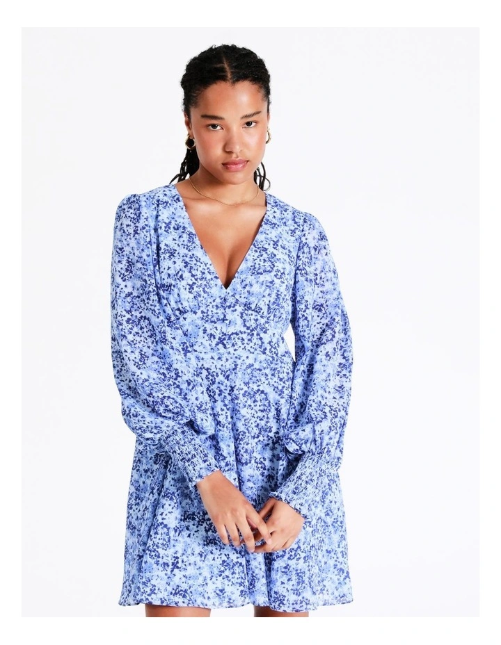 Recycled V-Neck Fit & Flare Mini Dress In Blue - Image 5