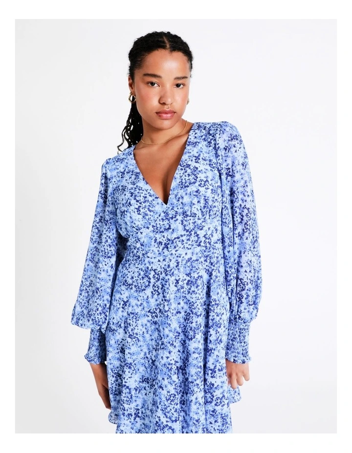 Recycled V-Neck Fit & Flare Mini Dress In Blue - Image 7