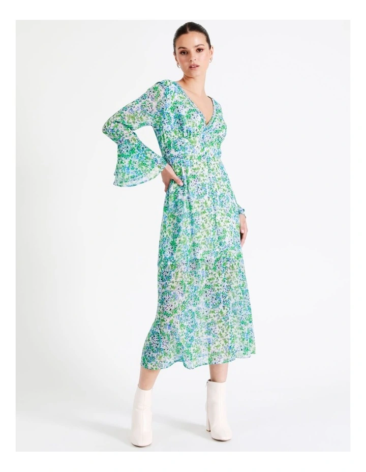 Recycled Blend Flared Sleeve Midi Dress In Green