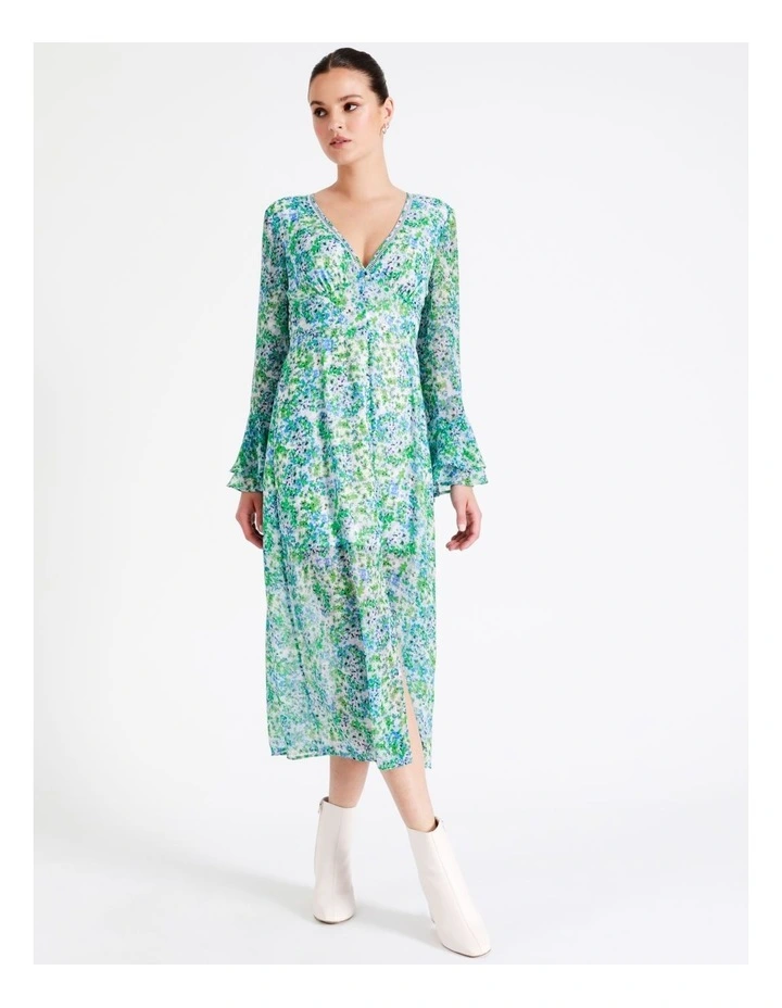 Recycled Blend Flared Sleeve Midi Dress In Green - Image 3