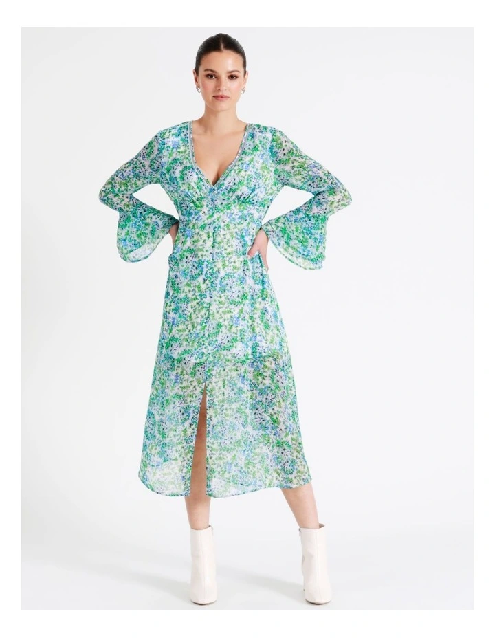 Recycled Blend Flared Sleeve Midi Dress In Green - Image 4