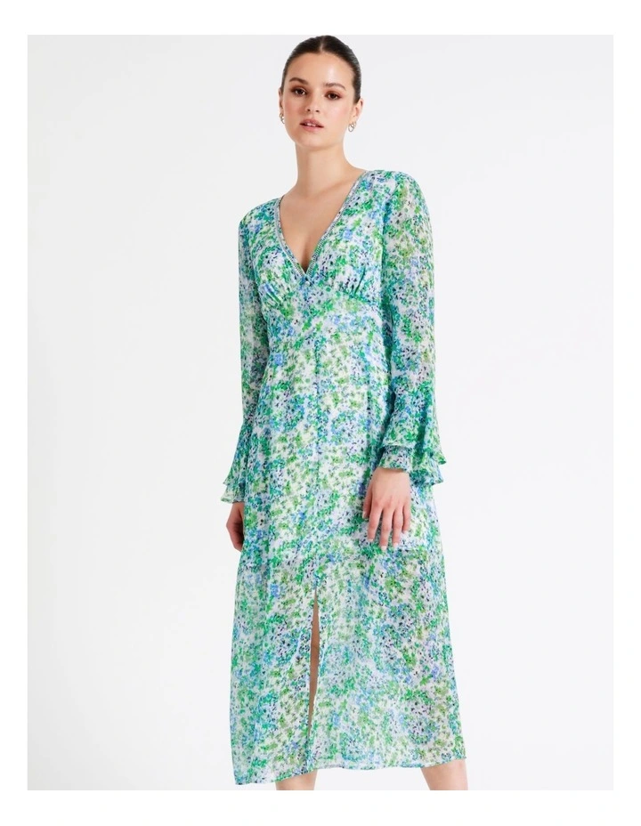 Recycled Blend Flared Sleeve Midi Dress In Green - Image 5