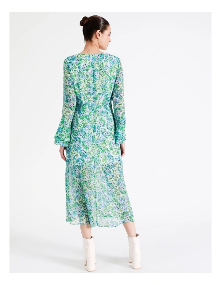 Recycled Blend Flared Sleeve Midi Dress In Green - Image 6