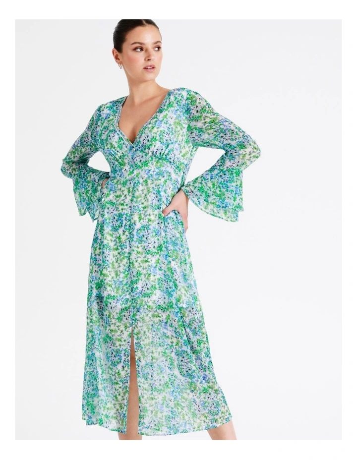 Recycled Blend Flared Sleeve Midi Dress In Green - Image 7