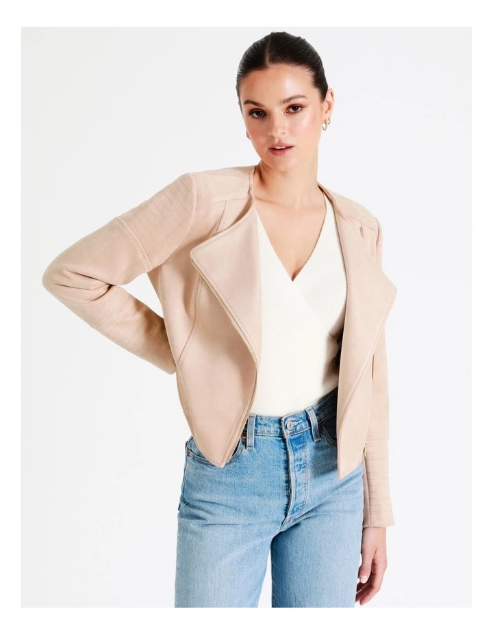 Recycled Blend Suedette Biker Jacket In Beige