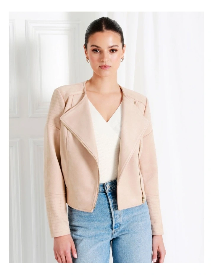 Recycled Blend Suedette Biker Jacket In Beige - Image 2