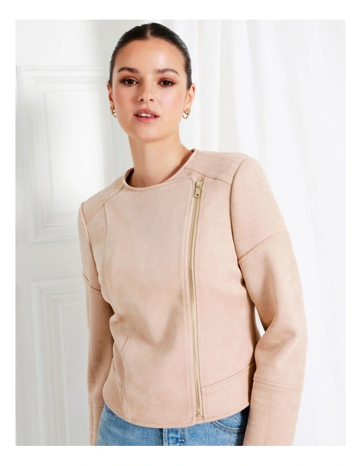 Recycled Blend Suedette Biker Jacket In Beige - Image 3