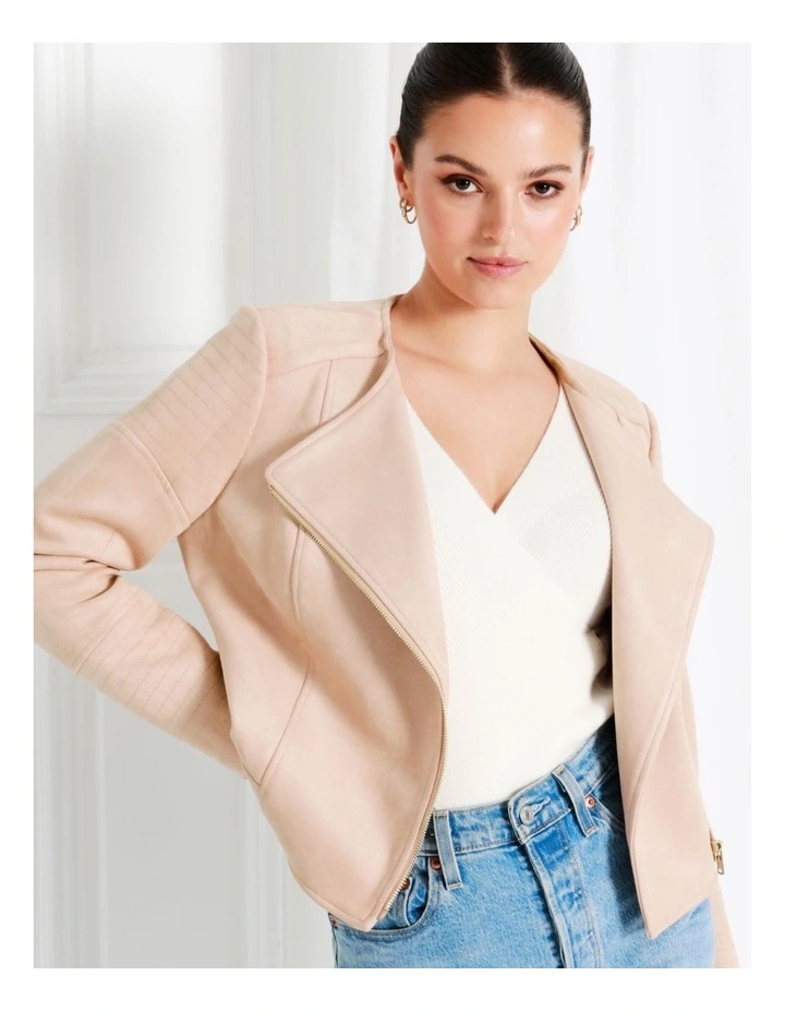 Recycled Blend Suedette Biker Jacket In Beige - Image 4