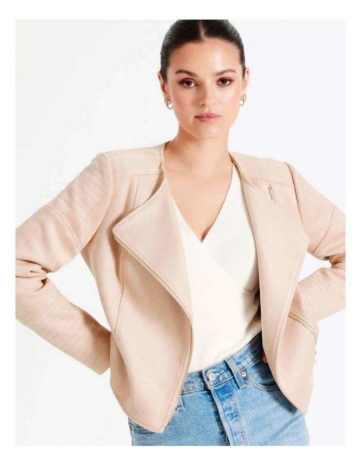 Recycled Blend Suedette Biker Jacket In Beige - Image 5