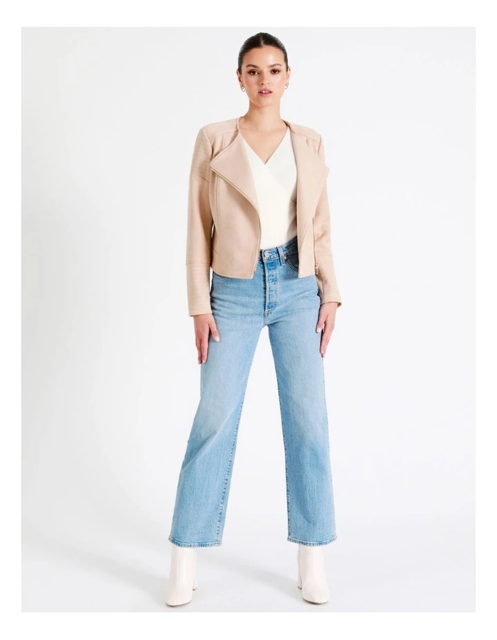 Recycled Blend Suedette Biker Jacket In Beige - Image 7