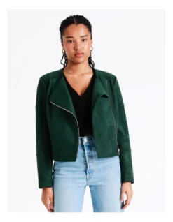 Recycled Blend Suedette Biker Jacket In Dark Green