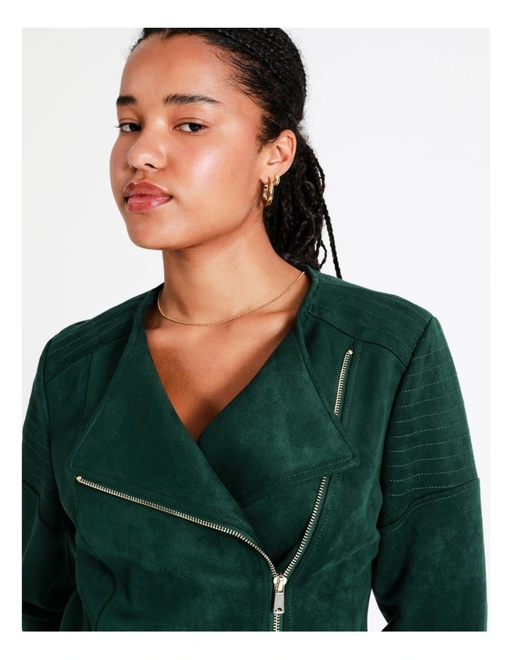 Recycled Blend Suedette Biker Jacket In Dark Green - Image 3
