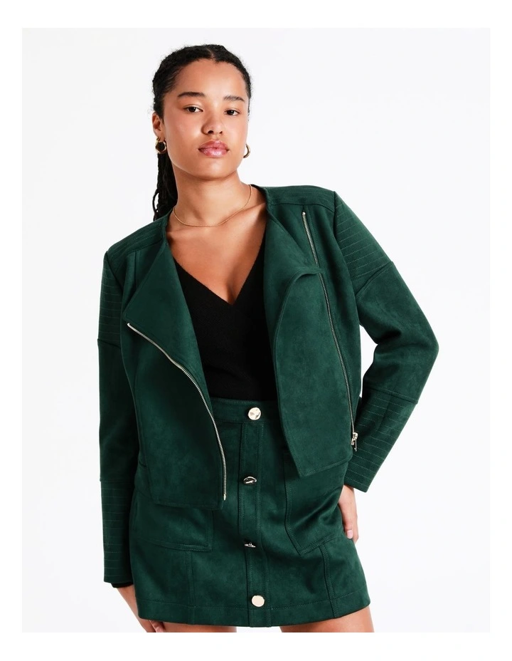 Recycled Blend Suedette Biker Jacket In Dark Green - Image 4