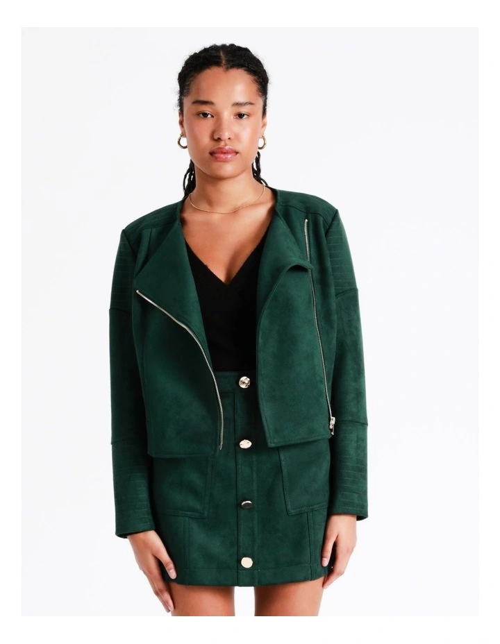 Recycled Blend Suedette Biker Jacket In Dark Green - Image 5