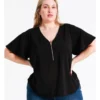 Recycled Zip Front Flutter Sleeve Top In Black