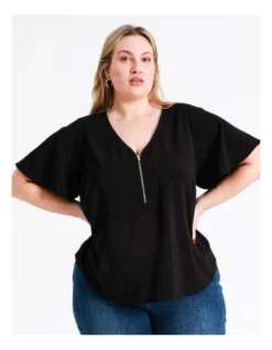Recycled Zip Front Flutter Sleeve Top In Black