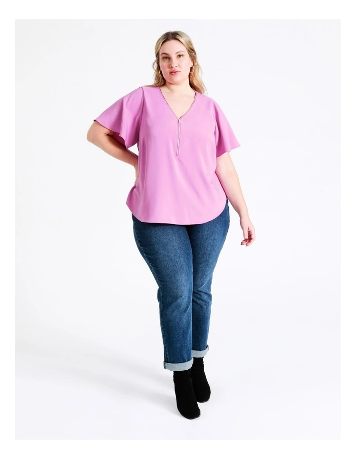 Recycled Zip Front Flutter Sleeve Top In Orchid