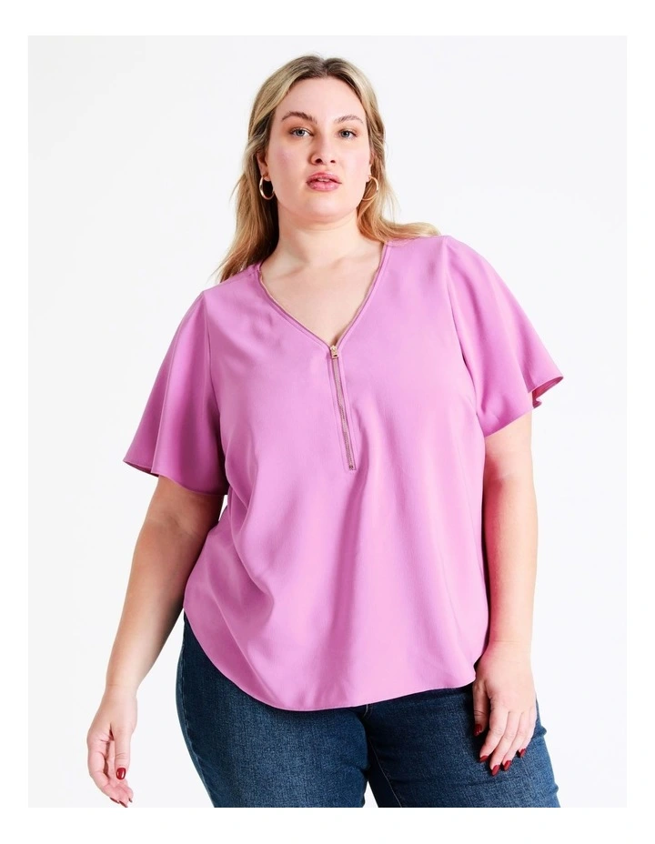 Recycled Zip Front Flutter Sleeve Top In Orchid - Image 2