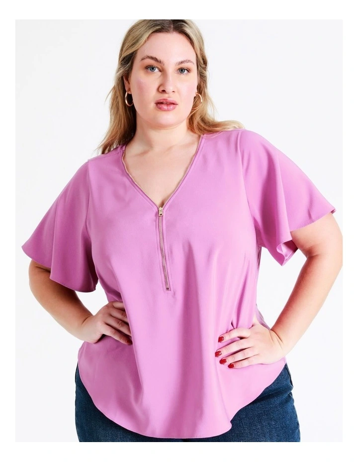 Recycled Zip Front Flutter Sleeve Top In Orchid - Image 3
