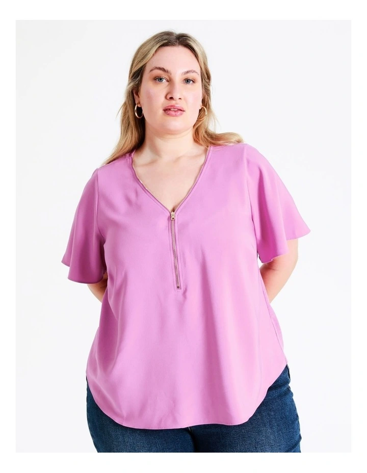 Recycled Zip Front Flutter Sleeve Top In Orchid - Image 4
