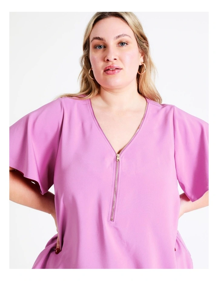 Recycled Zip Front Flutter Sleeve Top In Orchid - Image 5