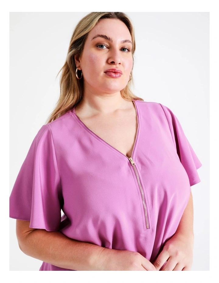 Recycled Zip Front Flutter Sleeve Top In Orchid - Image 6