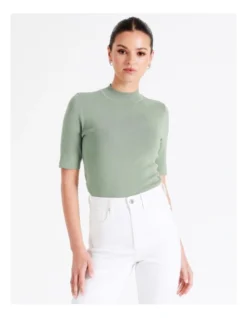 High Neck Short Sleeve Knit Top In Sage