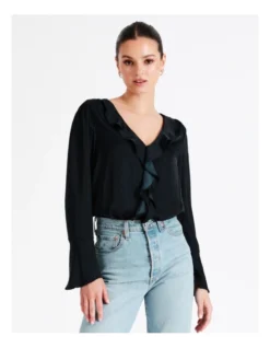 Recycled Blend Satin Frill Blouse In Navy