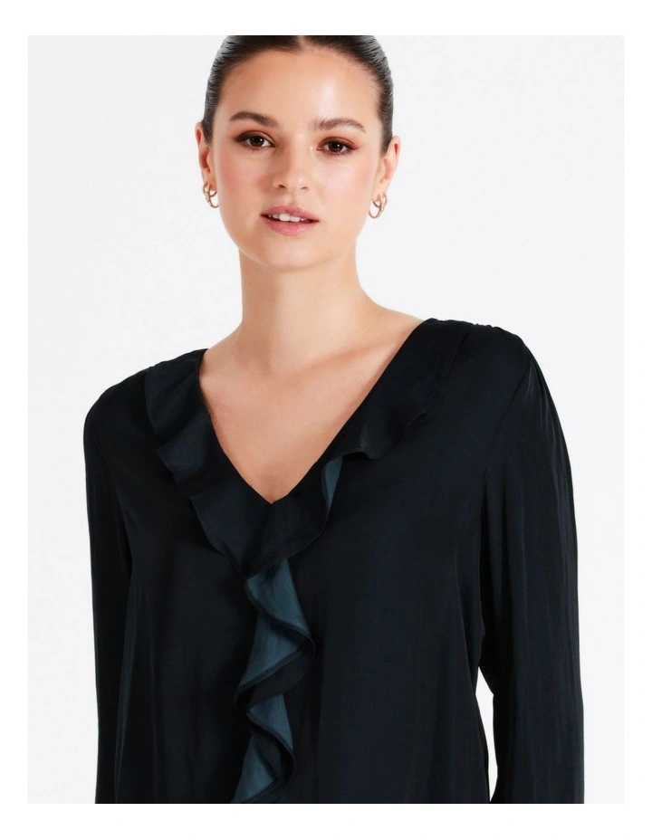 Recycled Blend Satin Frill Blouse In Navy - Image 2