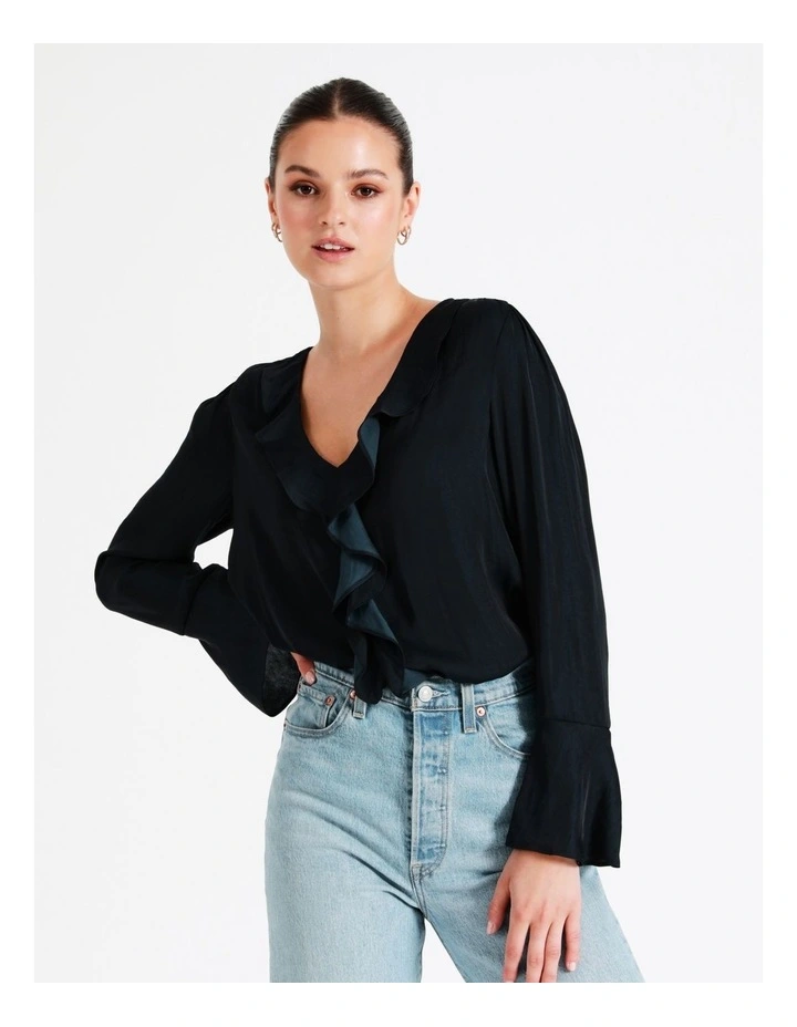 Recycled Blend Satin Frill Blouse In Navy - Image 4