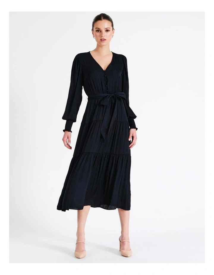 Recycled Blend Tiered Satin Midi Dress In Navy - Image 2