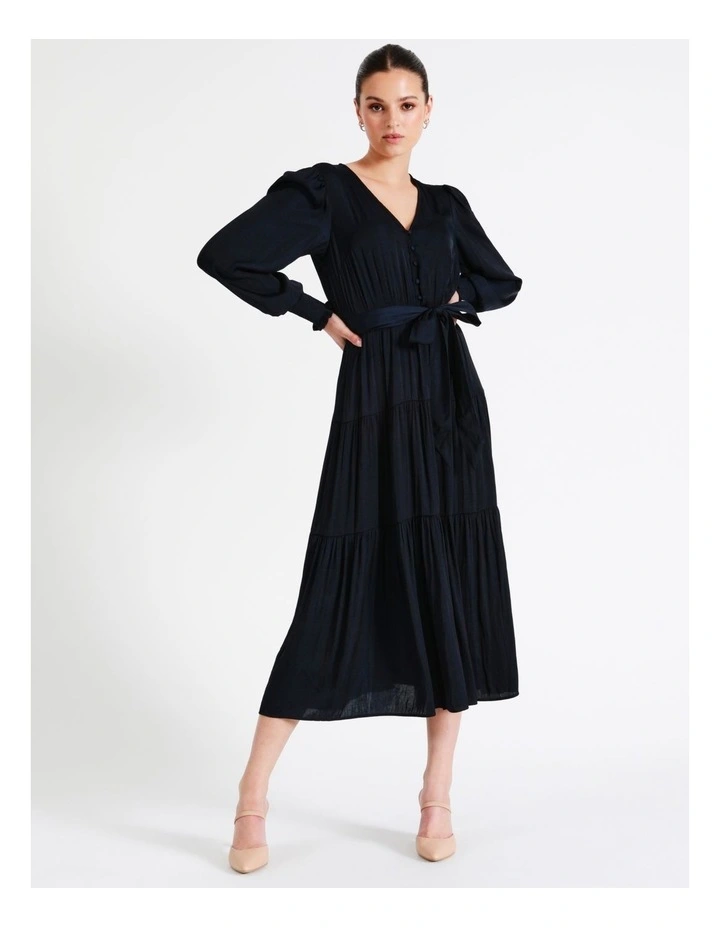 Recycled Blend Tiered Satin Midi Dress In Navy - Image 3