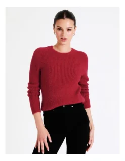 Recycled Blend Fluffy Long Sleeve Knit Top In Wine