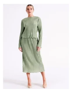 Recycled Satin Plisse Midi Skirt In Sage