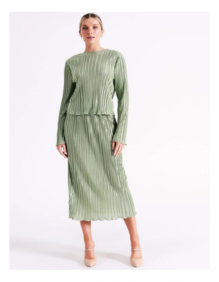 Recycled Satin Plisse Midi Skirt In Sage