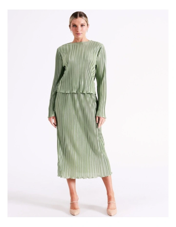 Recycled Satin Plisse Flute Sleeve Top In Sage