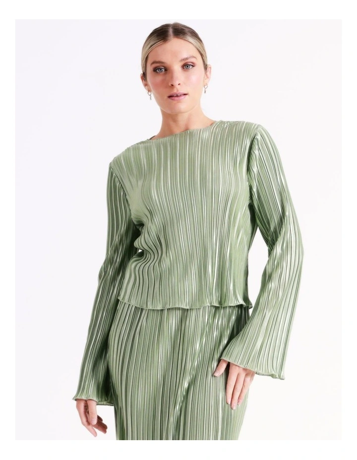 Recycled Satin Plisse Flute Sleeve Top In Sage - Image 2