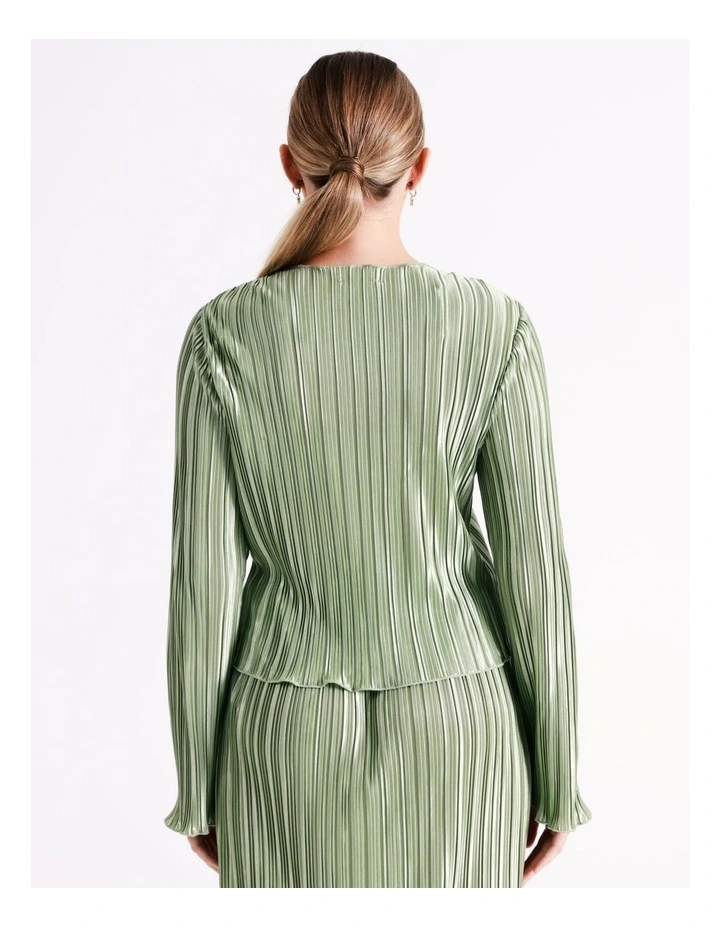 Recycled Satin Plisse Flute Sleeve Top In Sage - Image 3