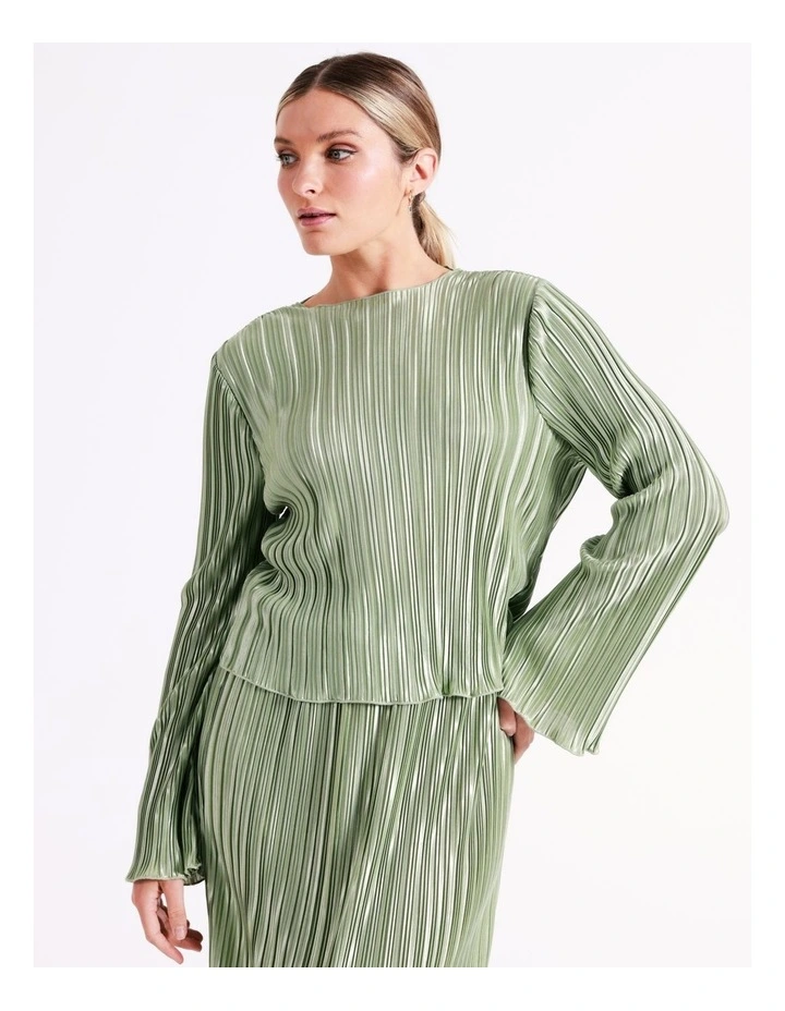 Recycled Satin Plisse Flute Sleeve Top In Sage - Image 4