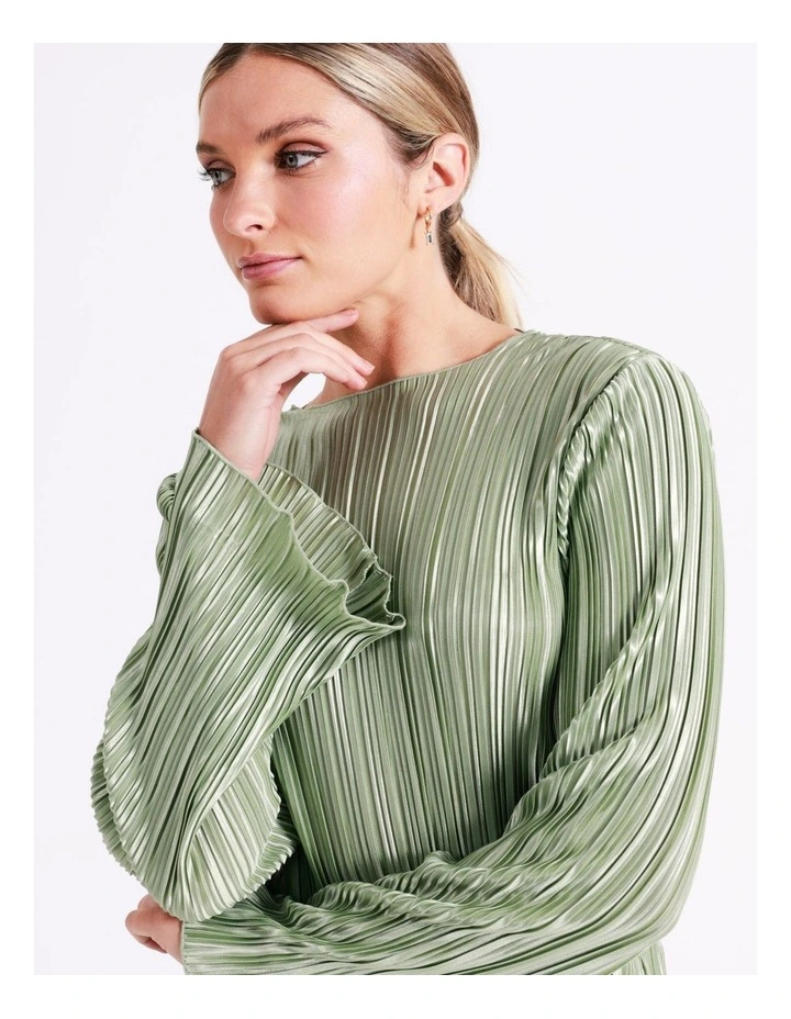 Recycled Satin Plisse Flute Sleeve Top In Sage - Image 5