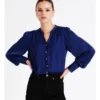 Recycled Blend Satin Notch Neck Blouse In Cobalt